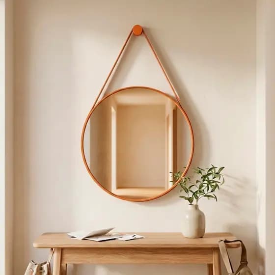 Espelho Adnet Redondo Decorativo Suspenso c Alça em Couro Orgânico 40 cm + Pino de Fixação Casa Domo