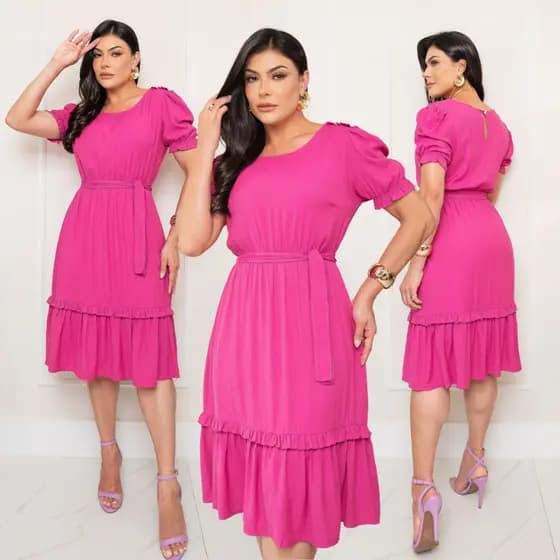 Vestido Luxo Detalhe Faixa Babado Comportado Evangélico