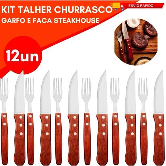 Jogo de Talher Churrascaria 12 Unidades Madeira Maciça Lamina Aço Inox Restaurante Churrasco
