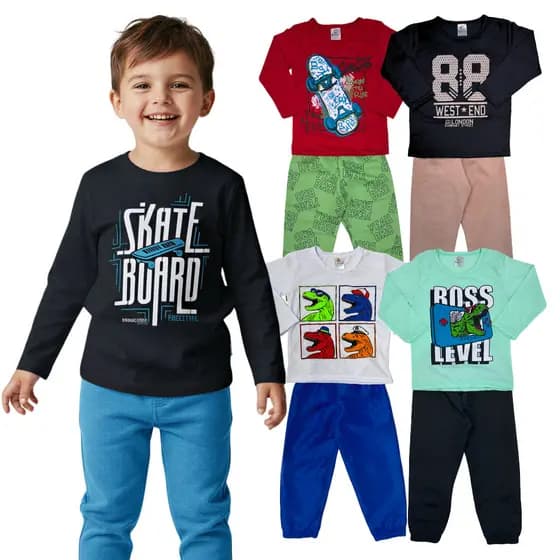 Kit 4 ou 6 Peças 2 ou 3 Conjunto Infantil Menino Meia Estação Calça + Blusa Manga Longa Masculino
