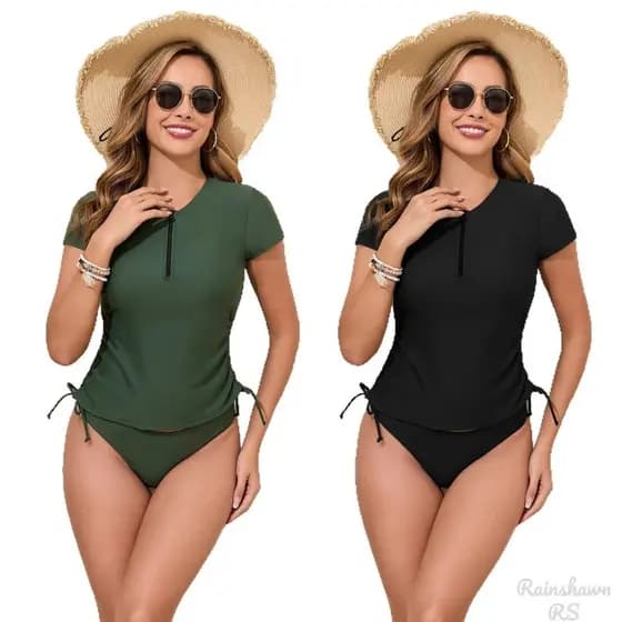 Preto Conjunto Biquini Maiô Feminino de Manga Curta com Divisão de cor Sólida e Zíper Maio Feminino Praia Maio Natação