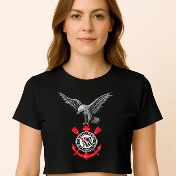 camiseta cropped estampada Corinthians oferta estilosa treino feminina