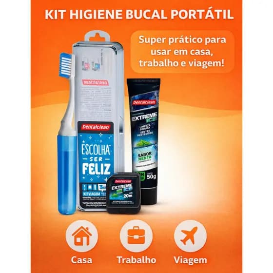 Kit Viagem de Higiene Dental para Adultos - Escova dental + Fio dental + Gel dental