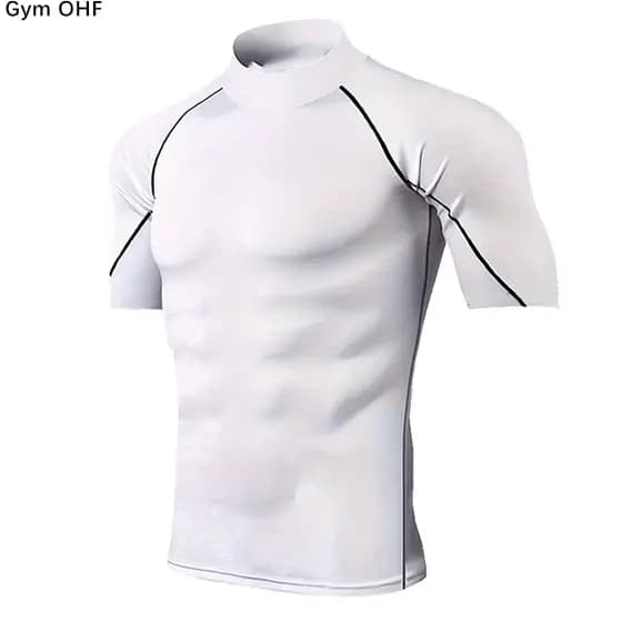 2025 Verão Cor Sólida Manga Curta Camiseta Moda Camisa De Fundo Masculina Apertada Gola Alta T