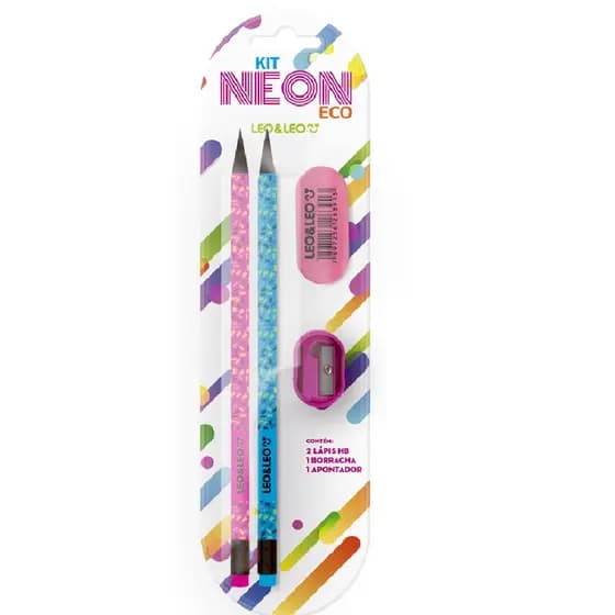 KIT ESCOLAR COR SORTIDA ESCRITA JUVENIL NEON ECO 2 LAPIS HB APONTADOR BORRACHA - LEONORA