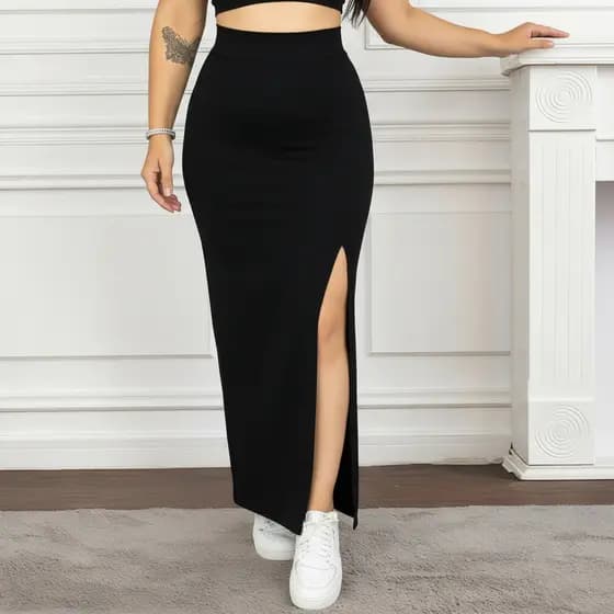 Saia Longa Feminina Com Fenda Plus Size Zero Transparencia Diversas Cores PP Ao G3