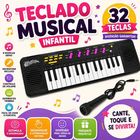 Teclado Musical Infantil Eletrônico Com Microfone 32 Teclas Piano