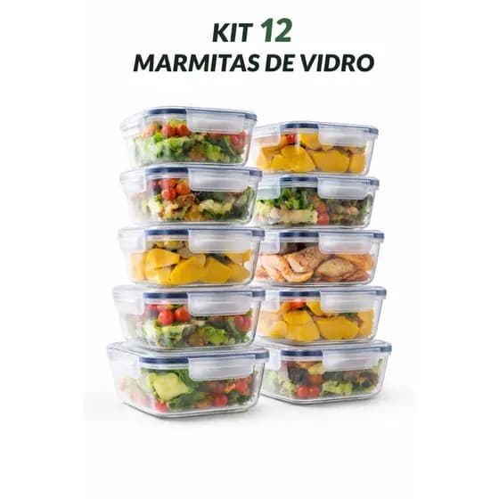 kit 12 Potes Herméticos de Vidro 620ml com Tampa e Travas Marmita Fitness BPA Free Micro-ondas Freezer