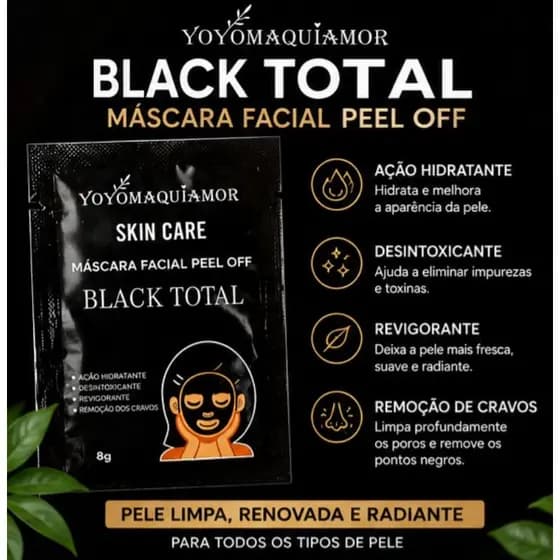 Máscara Facial Peel Off Black Total Yoyomaquiamor 8g – Remove Cravos, Limpa os Poros e Revitaliza a Pele 🖤