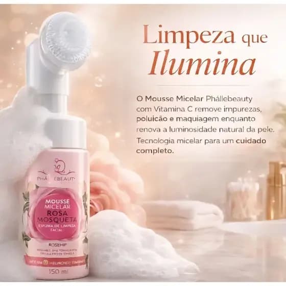 Mousse Micelar Rosa Mosqueta Phállebeauty 150ml | Espuma de Limpeza Facial com Ácido Hialurônico e Vitamina E 🌹