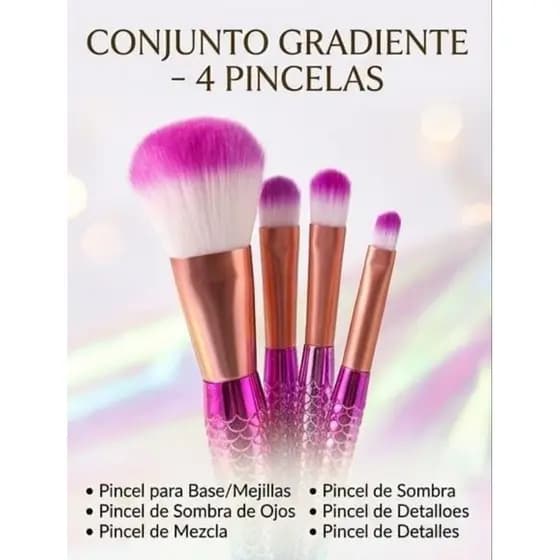 Kit 4 Pincéis de Maquiagem Sereia - Pincel para Pó, Base, Sombra e Esfumar (Cerdas Macias)🧜♀️