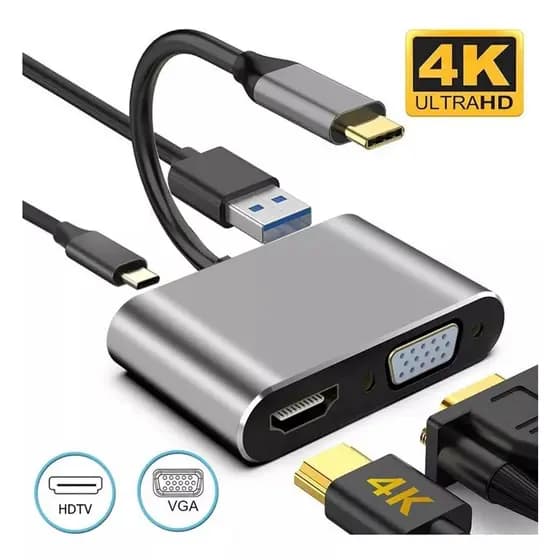Hub USB-C Para HDMI e VGA/ USB 3.0 e USB-C 4K UHD