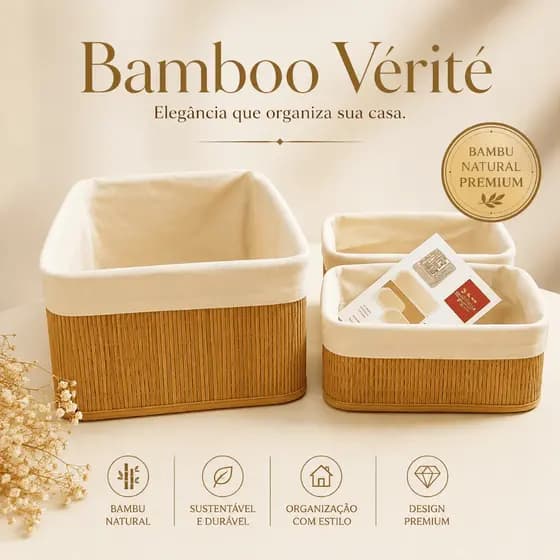 Kit 3 Cestos Organizador Bamboo Vérité Natural / Organizador Multiuso Elegante: Banheiro, Cozinha