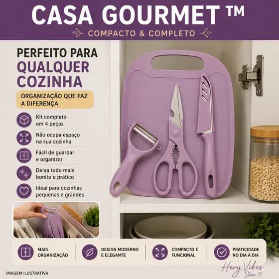 Conjunto 4 Peças de Utensílios de Cozinha com Faca, Tesoura, Descascador e Tábua de Corte em Aço Inox
