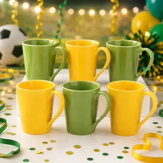 Jogo 6 Canecas Tulipa 250ml Porcelana Amarelo e Verde Brasil Copa