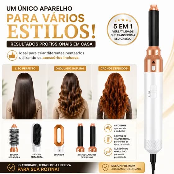 Escova Secadora 5 em 1 110V Ar Quente Modeladora Alisadora Secador Cachos 1000W Profissional Premium