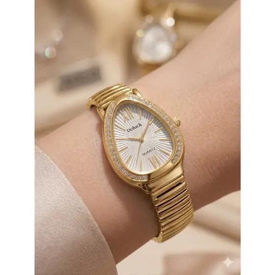 Relógio Feminino Oval Formato Cobra Pulseira Flexível Dourado Relógio Gota Com Pedras Luxo