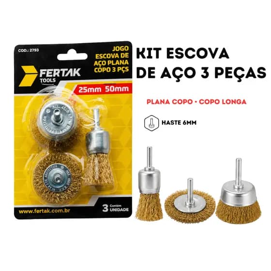 Escova de Aço Circular para Limpeza Escova com Haste 6mm Kit 3 Pçs Escova Aço para Furadeira Fertak