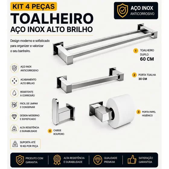 Kit Acessórios Banheiro/lavabo Aço Inox 4 Peças Q4C