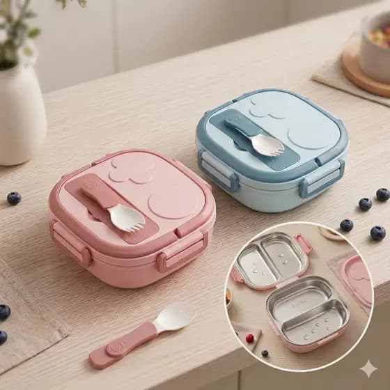 Marmita Infantil 17x17x6cm Térmica Vedável Lancheira Inox Com Garfinho 2 Compartimentos Com Alça
