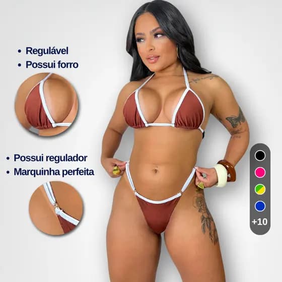 Biquíni de Fita Marquinha Fio Dental Bronze Cortininha com Forro e Regulagem