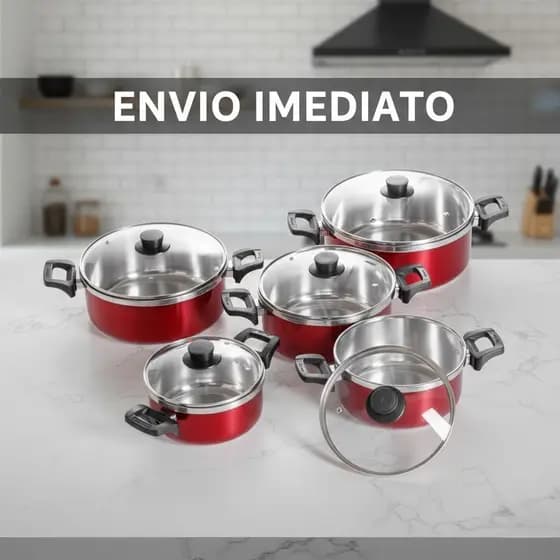 OFERTA Jogo Panelas 5 Peças Alumínio Antiaderente Vermelha Tampa de Vidro Alta Qualid Envio Imediato