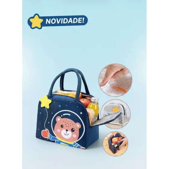 Bolsa Térmica Infantil Menino Menina Ursinho Astronauta Lanche Escolar Creche Marmita Merenda