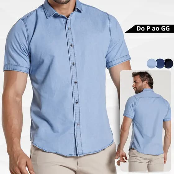 Camisa Masculina Jeans Slim Manga Curta Lisa sem Logo Manga Curta Casual Social