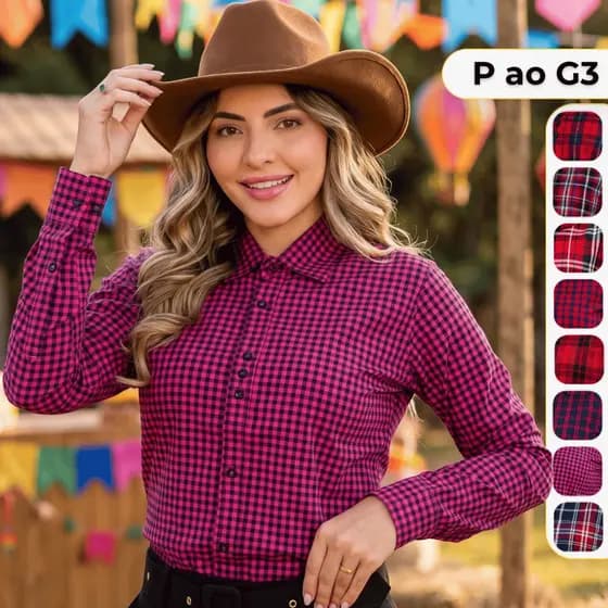 Camisa Feminina Xadrez Manga Longa Social Country Boideira Sertanejo Lida 100% Algodão