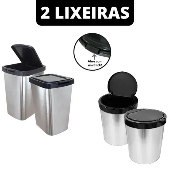Kit 2 Lixeiras Cesto 09 e 10 Litros Inox Metalizado Com Tampa Click Label Lixeira Redonda Banheiro
