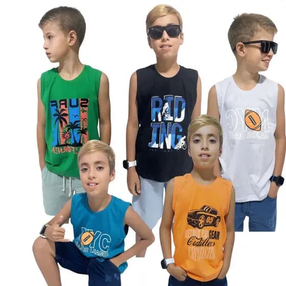 Kit 5 Camiseta Regata Infantil Juvenil Masculino menino algodão verão 10ao16 anos