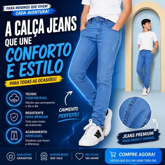 Calça Jeans Infantil Masculina Slim Azul Claro | Jeans Confortável Menino 8 ao 16 Anos