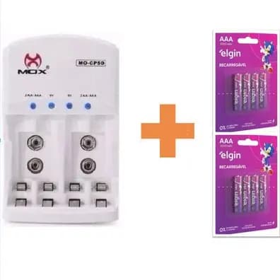 Kit Carregador Mox + 8 Pilhas Recarregaveis AAA Elgin Duração até 1000 Cargas