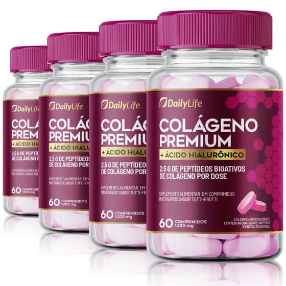 4x Colágeno Hidrolisado Com Preptídeos Bioativos + Ácido Hialurônico 1200mg Tabletes Mastigaveis
