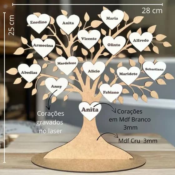 Árvore Genealógica MDF com 15 Nomes Gravados – Presente Personalizado para Família.