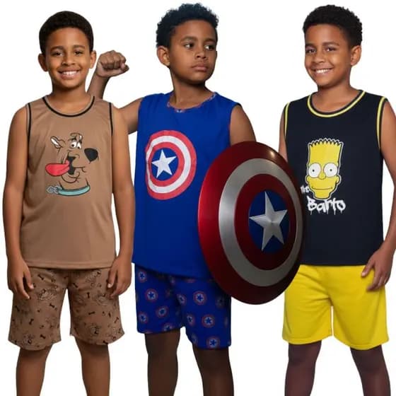 Pijama Masculino Infantil Regata Personagem Estampado / Roupa de Dormir / Pijama Masculino