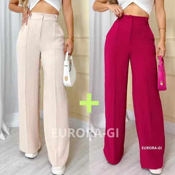 KIT2 Calça Pantalona Feminina Com Botão Forrado e Elástico Na Cintura Tecido Duna Premium