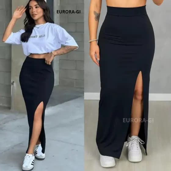 Saia Feminina Longa Midi Cintura Alta Com Fenda Na Lateral No Tecido Suplex Premium Em Promoção !!!!