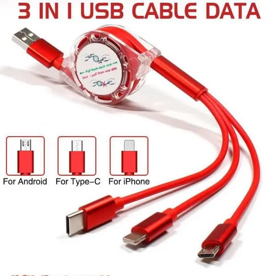 Cabo 3 Em 1 Retrátil Durável/2.4A De Dados De Carregamento Rápido/Linha De Cabos Carregador Compatível Com Todos Os Modelos Universais De Telefones Inteligentes