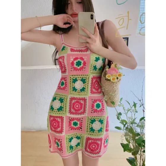 Vestido de Crochê, Alças Finas, Padrão de Flores, Estilo Boho, Colorido, Adequado para Mulheres