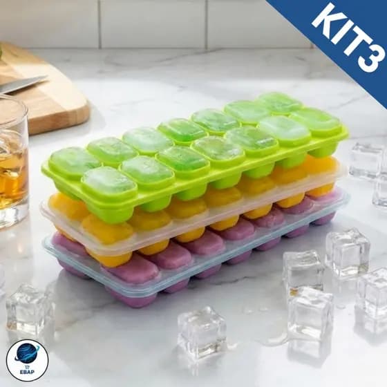 Kit 3 Formas de Gelo Silicone Fundo Flexível com Tampa