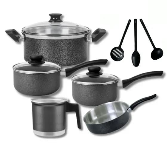 Conjunto de Panelas de Alumínio Kit 5 Peças com Espátulas – Panela 18 Panela 16 Frigideira 18, Caçarola 18 + Leiteira 12