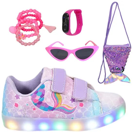 Tênis Infantil Led Feminino Casual Sereia + Pulseira Óculos Relógio Bolsa Cauda de Sereia