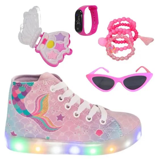 Tênis Infantil Led Feminino Sereia Cano Alto Botinha + Óculos Relógio Pulseira Paleta