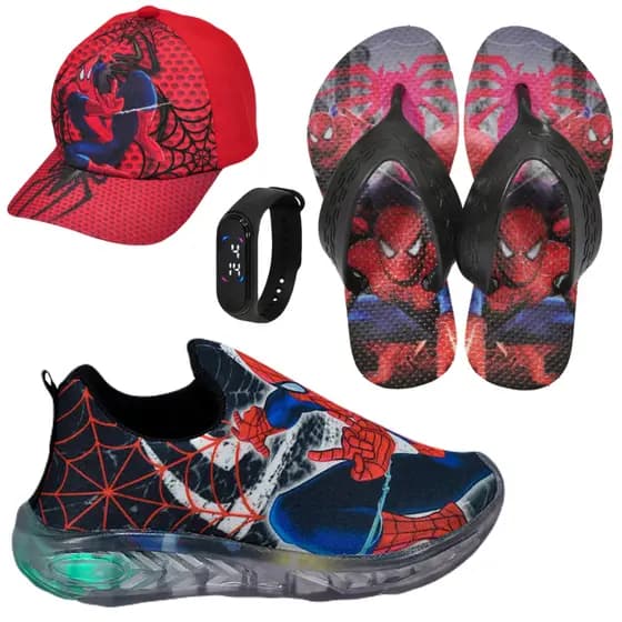Tênis Led Infantil Homem Aranha Sonic Hulk + Chinelo Boné Relógio
