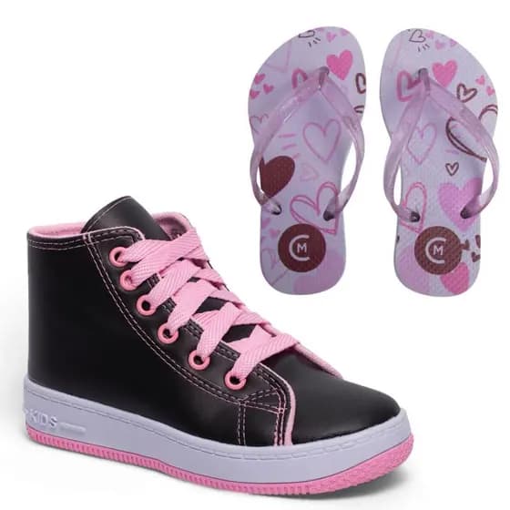 Tênis Cano Alto Infantil Feminino Kids Botinha Club Magia + Chinelo