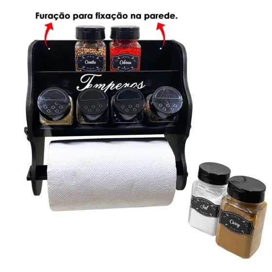 Porta Temperos/Condimentos kit 08 potes quadrado c/ Tampa Dosadora + Suporte papel toalha + Adesivos