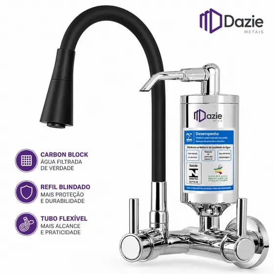 Torneira Gourmet Parede Preta Cone com Filtro Carbon Block Refil Blindado Tubo Flexível 1/4 Volta Dazie Metais