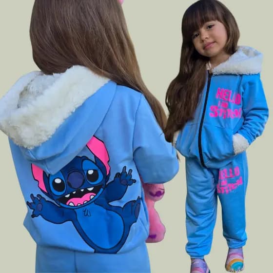 Conjunto Infantil Juvenil Menina Stitch Casaco + Calça Agasalho de Inverno 2 ao 14 Anos