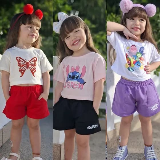 Conjunto Feminino Infantil Menina Verão Estilosa Short e Camisa 2 ao 14 Anos